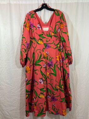 Anthropologie Coral Pink Floral V-Neck Maxi Dress LP